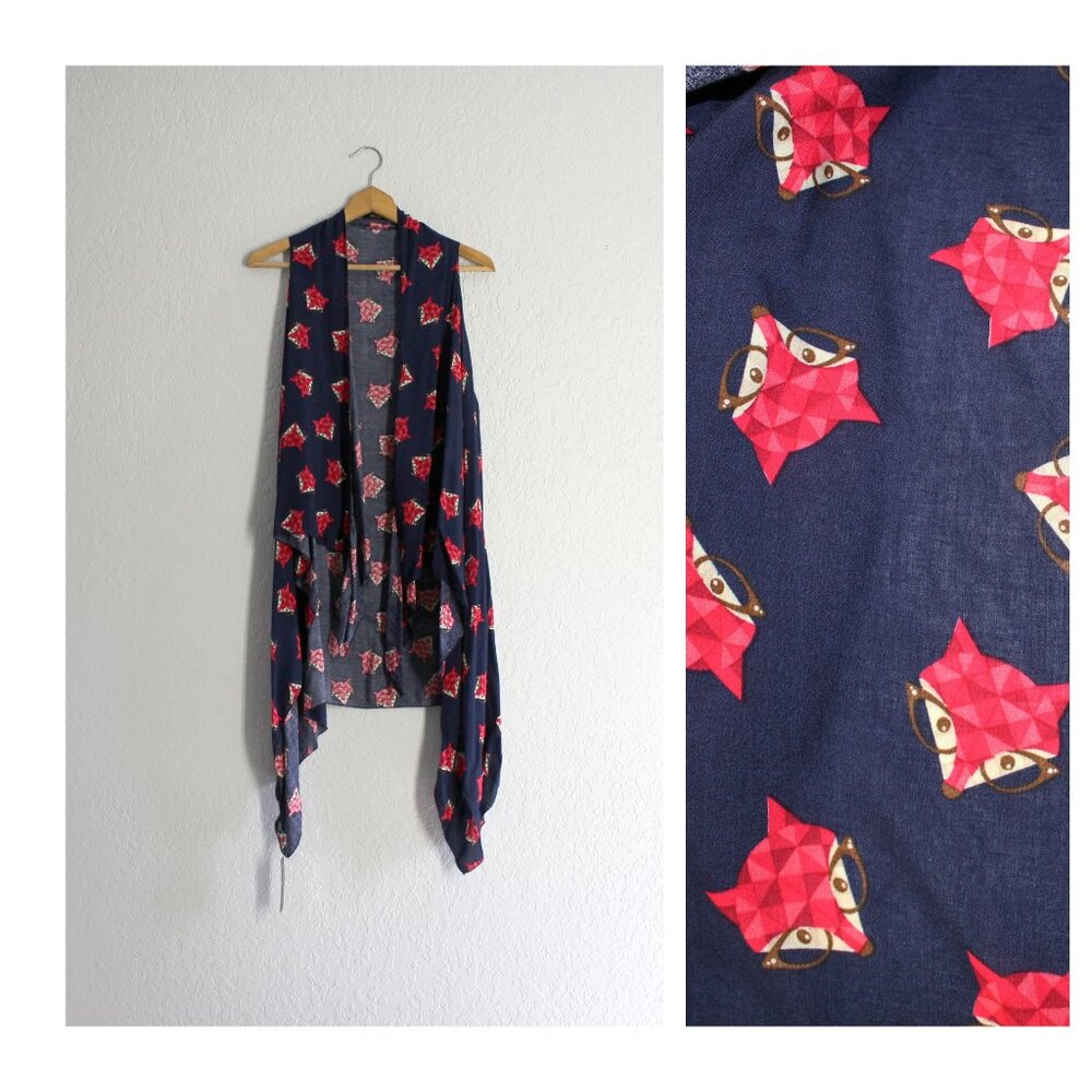 Fashion Vest Shawl navy cute pink fox print Sleeveless layer top OS one size